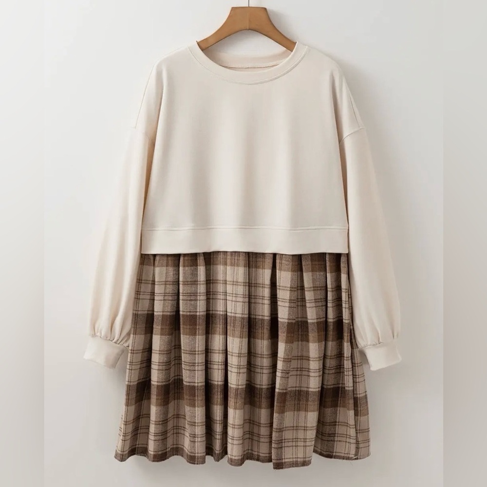 Ivy City Co Cream and Brown Plaid Mini Dress